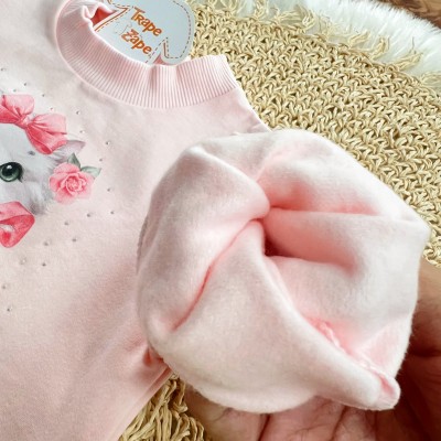 Conj. Casaco Gola Alta Gatinha com Lacinhos e Calça Legging - Rosa